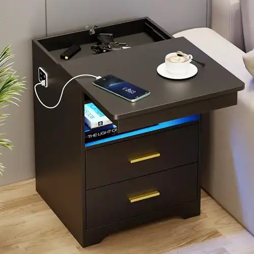 Black Nightstand with Hidden Drawer & Charging Station