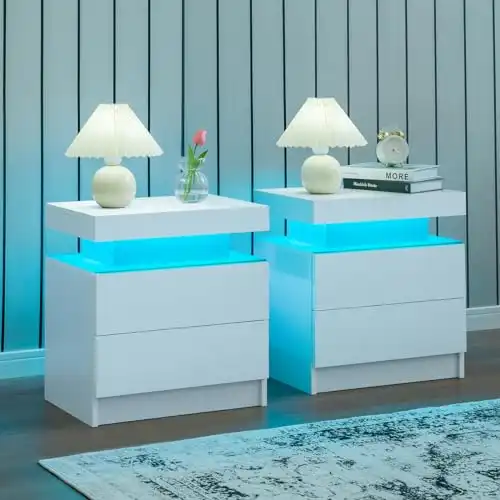 i-aplus Nightstand Set of 2 LED Nightstand with 2 Drawers